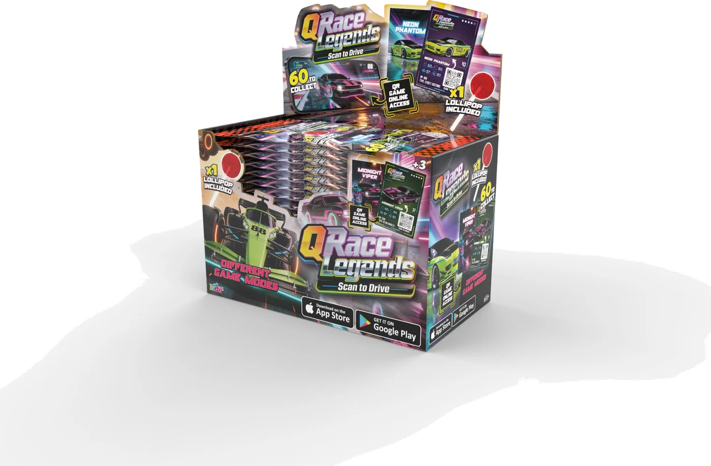 QRace Legends retail display box stacked with foil packs